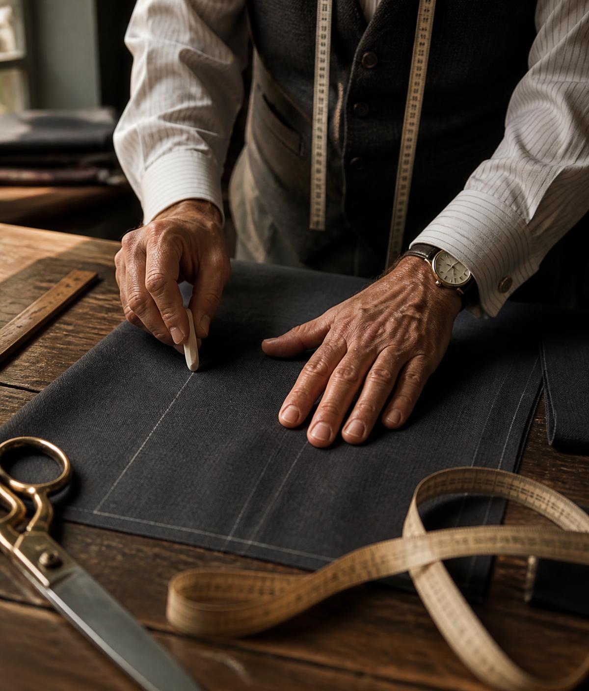 Master tailor chalk-marking fine wool fabric in the Fancy Fair atelier